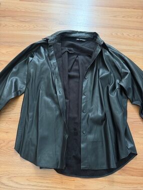 ZARA Black Faux Leather Button-Up Shirt Jacket